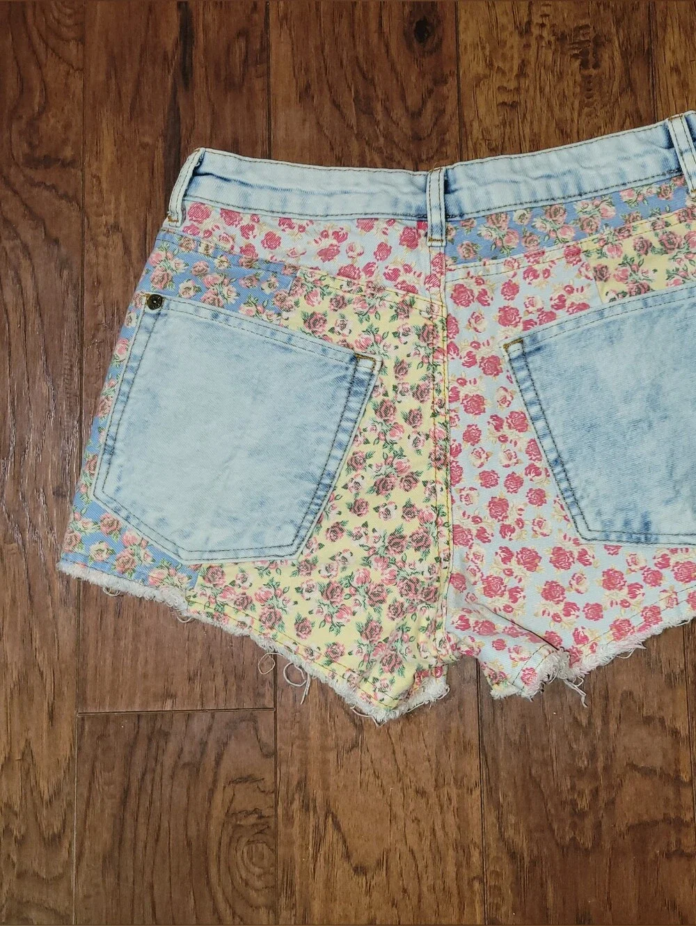 Anthropologie Patchwork Floral Denim Shorts - Blue, Yellow, Pink - Picture 2 of 6
